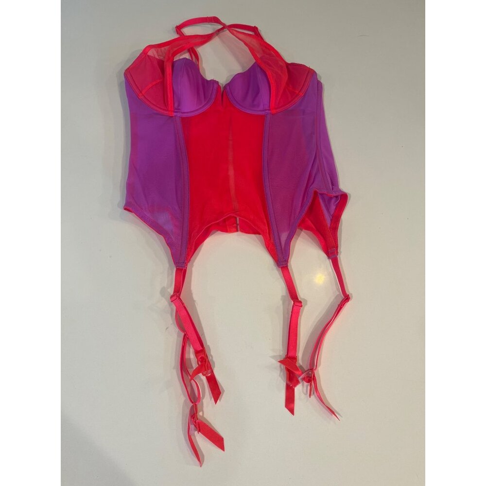 Hot Pink & Purple Mesh Bustier With Adjustable Straps & Garters